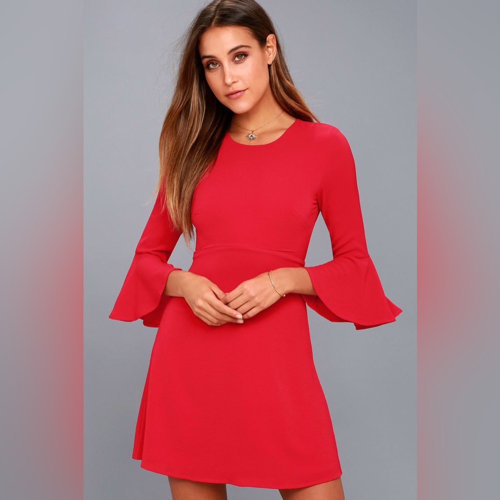 NWOT Lulus Center of Attention Red Flounce Sleeve Dress S